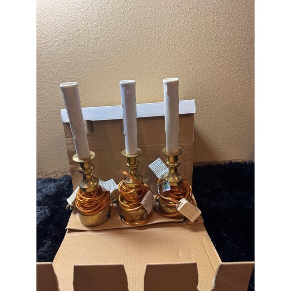 Vintage Brass Electric Candlestick Lamps Set Of 3 With White  New In Package - Picture 2 of 7